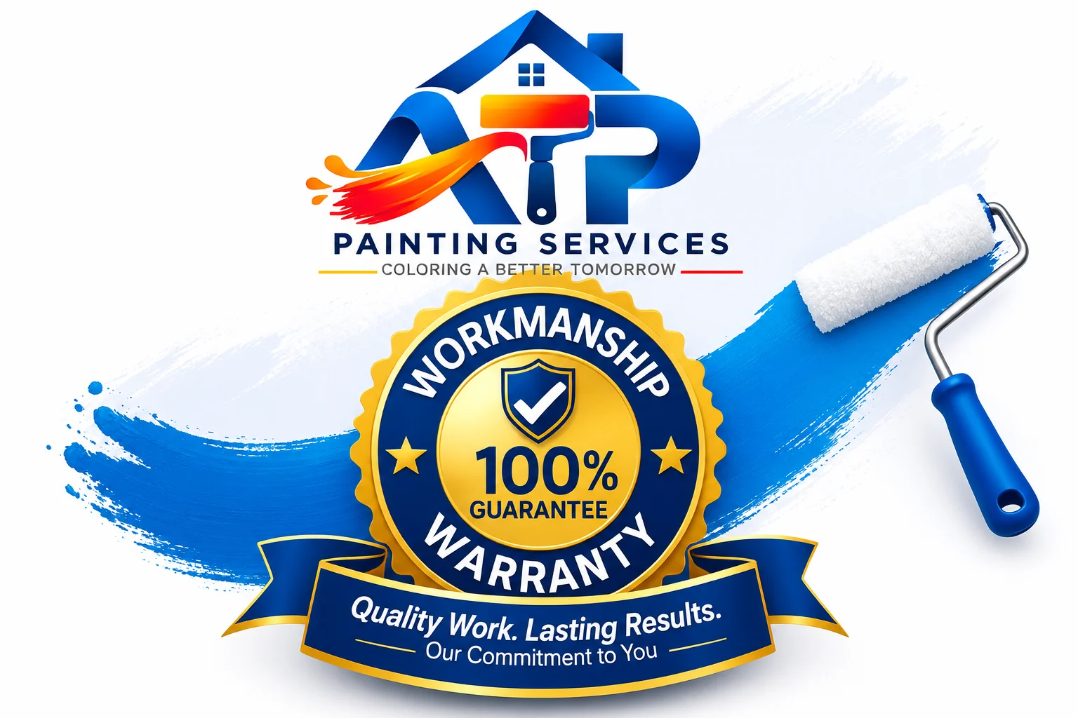 ATP Painting Services logo featuring a 100% workmanship warranty seal and paint roller.