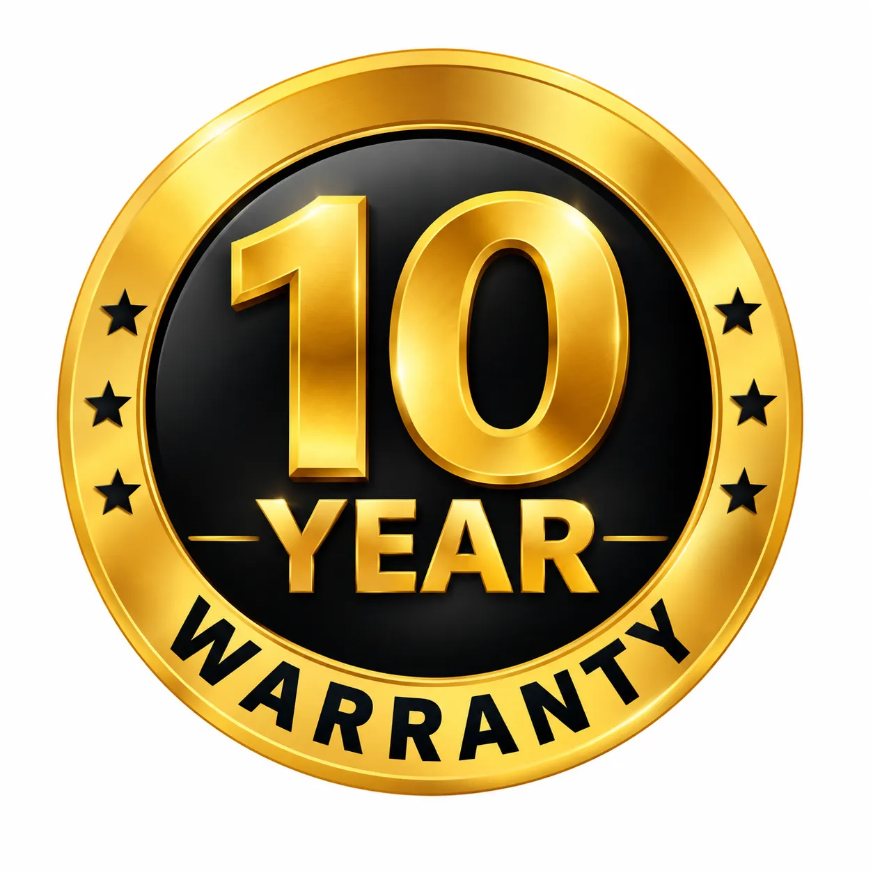 10-year warranty gold badge with black background and circular design