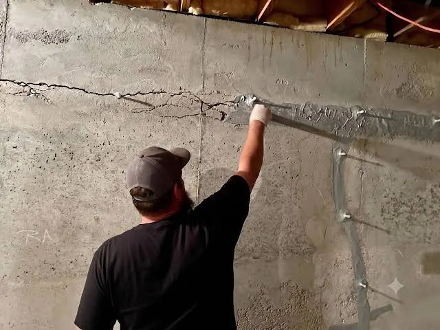 A technician repairing a long crack in a concrete foundation wall using sealants and injection ports.