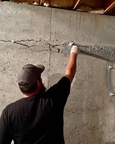 A technician repairing a long crack in a concrete foundation wall using sealants and injection ports.