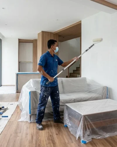 Two professional painters wearing face masks and blue uniforms painting the interior walls of a modern living room using a extension pole roller and a paintbrush on a stepladder.